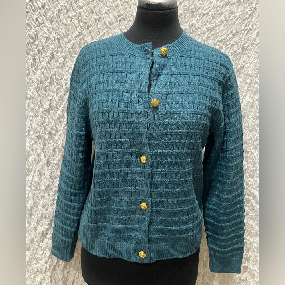 Zeagoo Turquoise WAFFLE Knit CARDIGAN  WITH GOLD BUTTONS WOMENS SIZE M